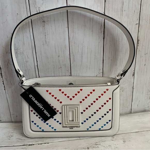 Karl Lagerfeld Women's Simone Ombre Heart Shoulder Bag Hearts Embroidered White